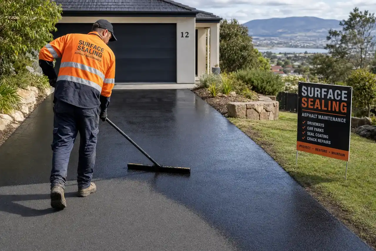 Well-maintained dark asphalt driveway at a Hobart residential property in spring