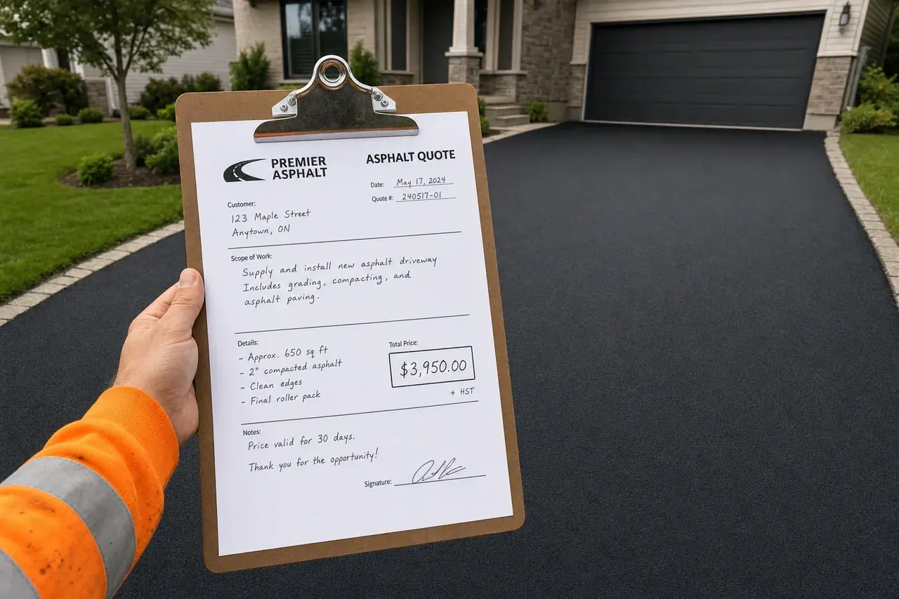 Tradesperson reviewing an asphalt driveway quote with a homeowner at a Hobart property