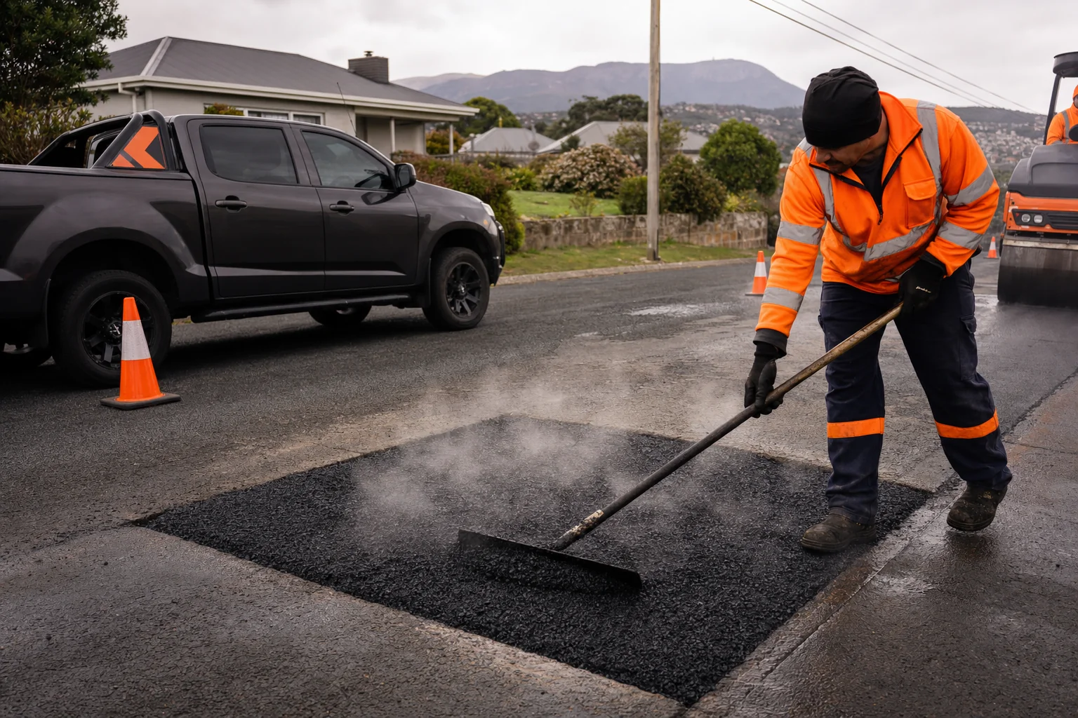 Hobart asphalt crew member raking steaming hot mix into a saw-cut pothole patch on a suburban street with kunanyi in the background
