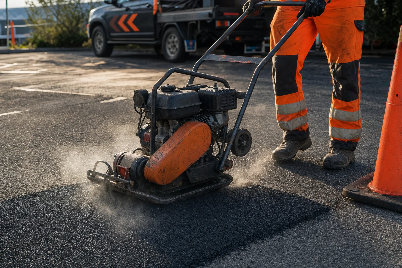 Vibratory plate compactor compacting a fresh hot mix asphalt patch flush with the surrounding carpark surface in Hobart