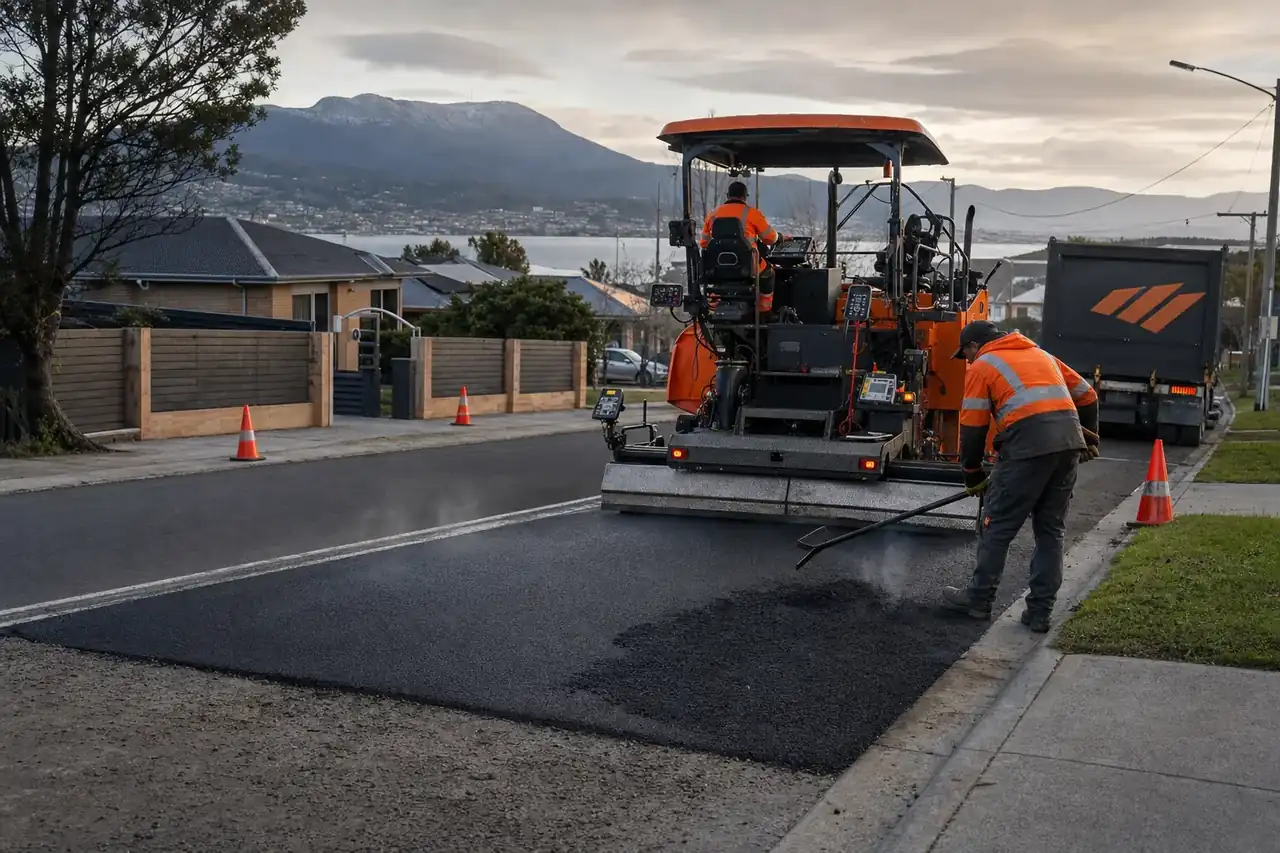 Freshly built kerb-cut driveway crossover meeting the road at a Hobart residential property