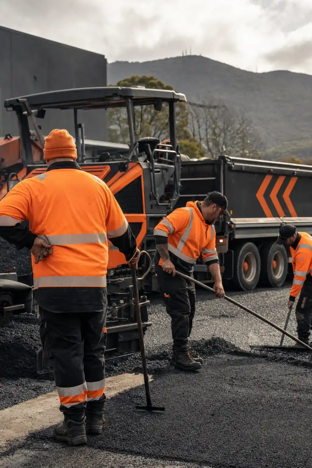 Hobart Asphalting crew finishing a residential driveway pour in southern Tasmania