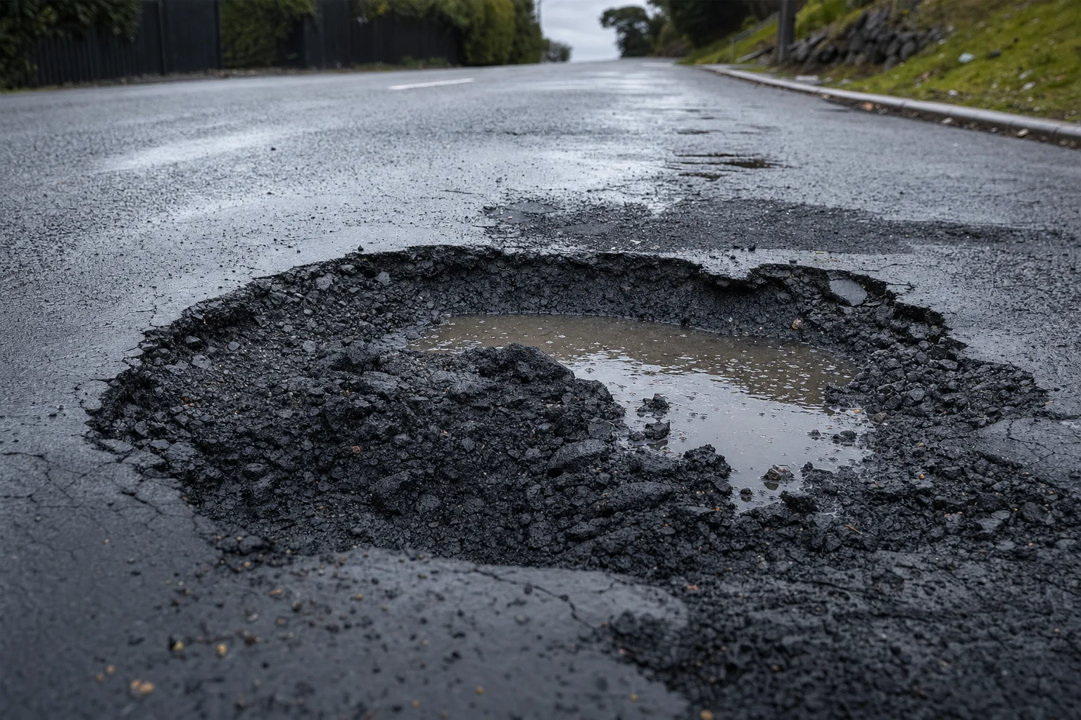 Open pothole holding water on a wet southern Tasmanian road with cracked, broken edges around the rim