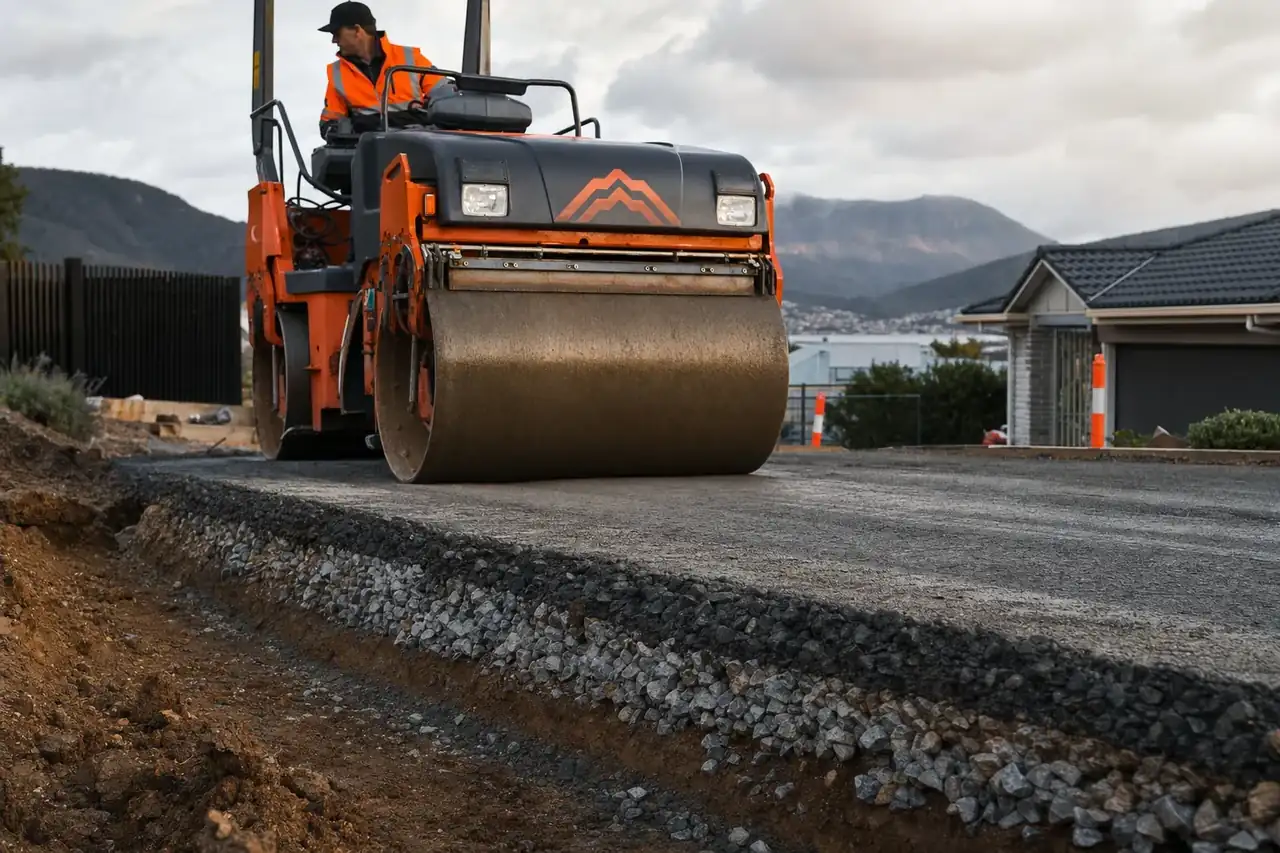 Compacted crushed road-base sub-base being prepared for an asphalt driveway pour in Hobart