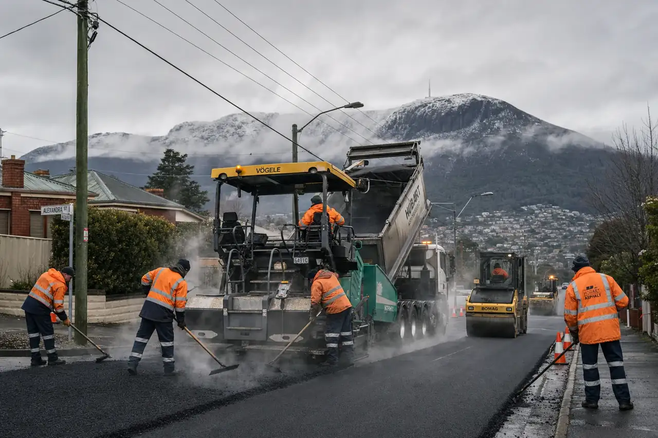 Asphalt being laid in cool Tasmanian conditions with steam rising from the hot mix, kunanyi visible in background